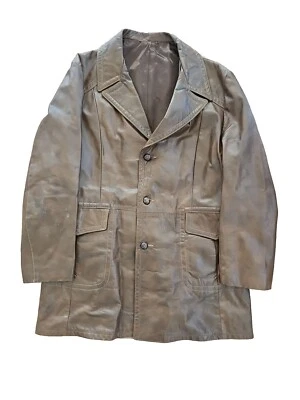 Abrigo Chaqueta de Cuero Ram Años 70 Para Hombre XL Largo Disco Mafia Mob Marrón De Colección 3 Botones Foto 1 de 4
