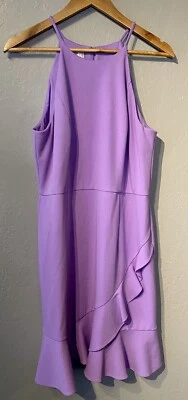 VESTIDO DONNA MORGAN CUELLO HALTER IMITACIÓN ABRIGO LAVANDA PÚRPURA VOLANTES TALLA 14 Foto 1 de 4