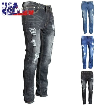 Mens Distressed Ripped Jeans Slim Fit Urban Streetwear Acid Wash Denim Pants - Image 1 of 4