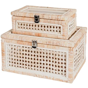 Gran Juego de 2 Cajas Decorativas de Ratán Tejidas a Mano con Tapas de Vidrio - Apilables... - Imagen 1 de 7