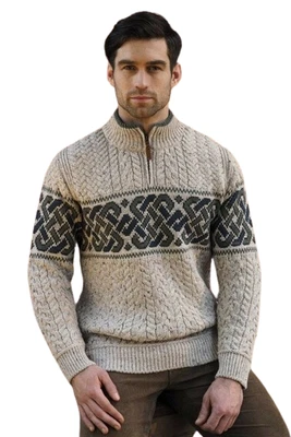 Men's Sweater Celtic Knot Half Zip Jacquard Oatmeal 100% Merino Wool Irish Gift - Image 1 of 4