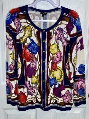 Talbots Teapots Cardigan Sweater X Plus Size Colorful Art To Wear Tea Party Top - Image 1 of 4