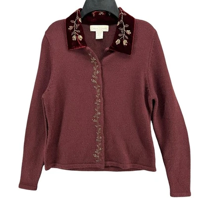Vintage Casual Corner Sweater Womens S Wool Blend Velvet Embroidered Collar 90s - Image 1 of 4