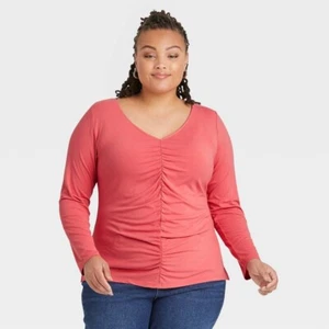 Women's Plus Size Long Sleeve Ruched Knit Top Ava & Viv™ Coral Size X(14W) - Picture 1 of 1