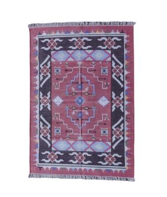 Alfombra inspirada en Rugmoda Mandana (negro, azul, rosa) - Alfombra de algodón tejida a mano de 4x6 pies Foto 1 de 4