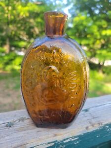 Albany Glass Works Amber Flask  Washington On Front/ Ship On Rear
