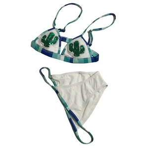 $32 Kensie Women's Bikini Size XS White w/ Green Cactus Sequin 2 Piece Swim Set - Picture 1 of 9