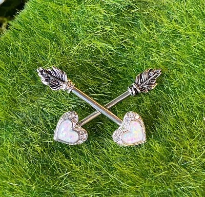 ПАРА Опаловых Блестящих Сердечных Стрел Кольца для Сосков Щитовые Штанги 14 г 14 калибр - Изображение 1 из 2