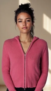 Raro De Colección Y2K Auténtico Chloe Grueso Tejido Rosa Suéter Cárdigan Cremallera Sudadera con Capucha LG - Imagen 1 de 7