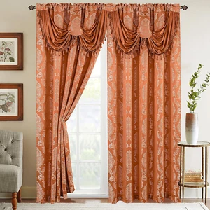 Jacquard Look Curtain Panel Set with Attached Waterfall Valance, (Set of 2), 54 - Picture 1 of 12