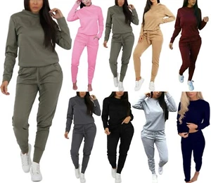 Womens Long Sleeve Crew Neck Top & Bottom 2 Pcs Loungewear Set Plain Tracksuit - Picture 1 of 21