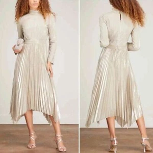 Neu mit Etikett Jonathan Simkhai Größe 4 Lydia Champagner langärmeliges Plissé lame Midi-Kleid - Bild 1 von 15