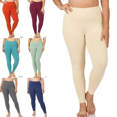 1X 2X 3X Premium Cotton Wide Waistband Long Leggings Yoga Full Length Pants - Image 1 of 2