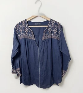 Velvet Popover Womens Blue Gray Embroidered Floral Peasant Hippie Boho Western L - Picture 1 of 8