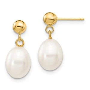 14k Yellow Gold 7-8mm White Freshwater Cultured Pearl Drop & Dangle Earrings - Picture 1 of 4
