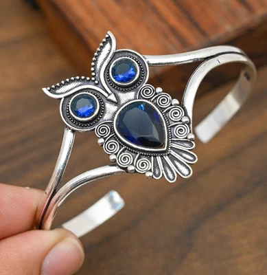 AAA + Zafiro Azul Creado en Laboratorio Piedras Preciosas Hechas a Mano Plata 925 Joyería Búho Pulsera Foto 1 de 4