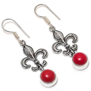 Rosso Italiano Corallo Gemma Artigianale Argento Sterling 925 Gioielli Orecchino - Foto 1 di 5