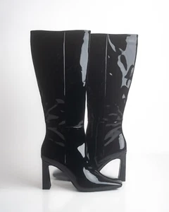 Zara Knee High Boots Heeled Faux Patent Leather Black EU 37 US 6.5 2007/210 NWT - Picture 1 of 7
