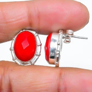 Red Coral Gemstone Handmade 925 Sterling silver Stud Earring Size 0.75'' - Picture 1 of 1
