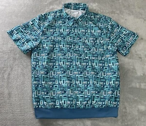 Irvine Park Men's Blue Henley Polo Shirt Size Medium Retro Geometric Blue Poly - Picture 1 of 12