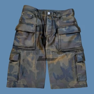 Men's Army Print Style Leather Shorts Genuine Lambskin Leather Cargo Shorts - Picture 1 of 5
