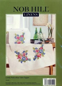 NOB HILL LINENS EMBROIDERY LOVELY PINK & BLUE TABLE TOPPER KIT WITH FLOSS - Picture 1 of 2