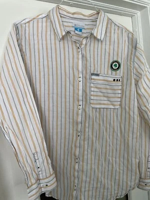 Columbia PFG Notre Dame Fighting Irish 女式 L/S 衬衫大号黄色条纹 — 第 1/4 张图片