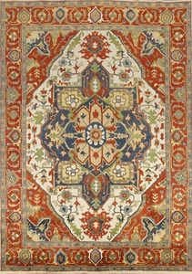 Ivory Heriz Serapi Hand-Knotted Indian Living Room Carpet in Wool 9x12 ft - Picture 1 of 21
