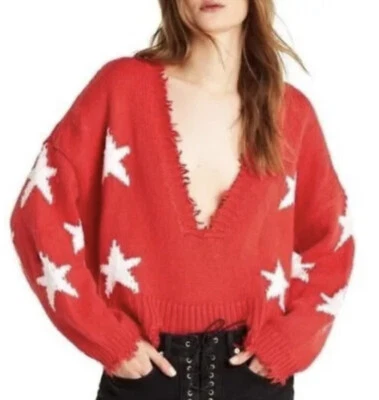 Wildfox Women XS Red Palmetto Star Fringe Deep V Sweater  Sw7 - Image 1 of 4