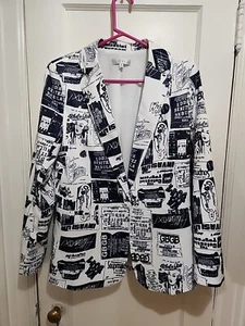 OVI Women’s Fitted Blazer Jacket Size M White And Blue Rare Advertising Print - Picture 1 of 15