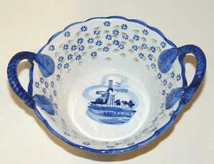 Elesva Holland EH Reticulated Delft Blue Bowl Dish Windmill Cutout Hearts Dutch - Picture 1 of 8