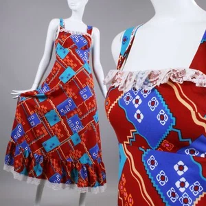 SALE Vintage Maxi Sun Dress XS Geometric Shapes Long Sleeveless Mod Hippie 70s - Picture 1 of 8