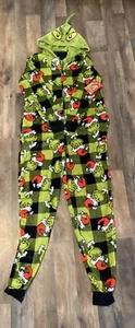 The Grinch Union Suit Pajamas Holiday Christmas Zip Up Hood Loungewear Plaid Med - Picture 1 of 12