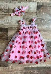Pink Strawberry Tulle Dress and Headband - Berry First Birthday Dress - Picture 1 of 11