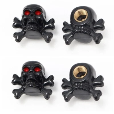 4x Skull/Bones Black Tire Wheel Valve Stem Air Caps Metal Covers Car/Motorcycle - Image 1 of 4