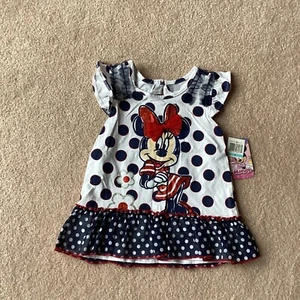 NWT DISNEY GIRLS CAP SLEEVED TOP, 5, MINNIE MOUSE, POLKA DOT RUFFLE, RED BOW - Picture 1 of 4