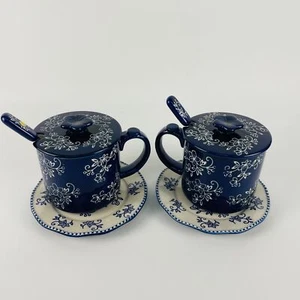 Temptations Floral Ceramic Tea Cup Set Lids Spoons & Saucers 2-Piece Blue White - Picture 1 of 8