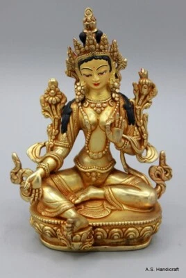 Estatua Nepalí Artesanal Tara Verde Oro 24K Oro Cobre Foto 1 de 4