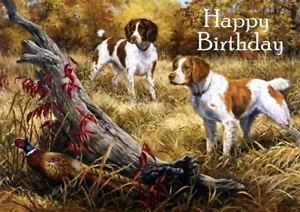 BRITTANY SPANIEL 2 DOGS & PHEASANT DOG BIRTHDAY GREETINGS NOTE CARD - Picture 1 of 1