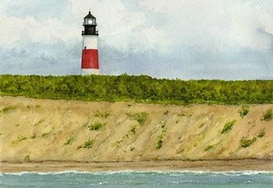 Faro Sankaty Head Nantucket, Massachusetts. Tarjetas de notas de acuarela - Imagen 1 de 2