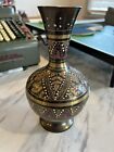 Vtg Solid Brass Hand Etched And Painted Vase Made In India Gold Multi Color Art 8