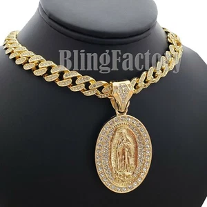 Guadalupe Virgin Mary Pendant & 18" Iced Box Lock Cuban Choker Chain Necklace - Picture 1 of 11
