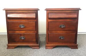 Vintage Mahogany bedside tables pair, solid wood 3 drawers felt lined top drawer