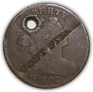 1802 STAHLGUSS Gegenstempel drapierte Büste großer Cent feine F Münze #24799 - Bild 1 von 3