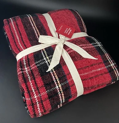 NEW 50 x 60 Red Black Plaid Chenille Soft Throw Blanket w/ Fringe World Market - Image 1 of 4