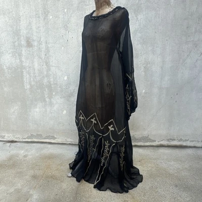 Antique 1920s Black Silk Chiffon Dress Balloon Sleeves Gold Embroidery Vintage - Image 1 of 4