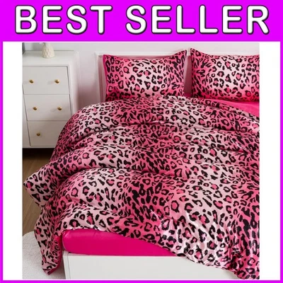 Juego de edredón estampado leopardo sedoso, rosa talla Queen Foto 1 de 4
