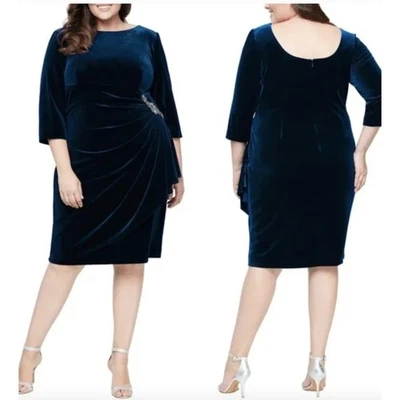 Vestido Alex Evenings Azul Marino Terciopelo Midi Talla Grande 24W Formal Noche Ocasión Foto 1 de 4
