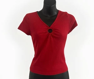 Vintage Hollister Baby Tee Women's Medium Top Red Crop Cut Out Y2K V Neck - Picture 1 of 5