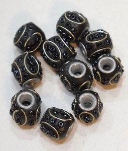 Beads India Silver Inlaid Black Glass Barrel Vintage Beads 12mm - 14mm - Picture 1 of 1